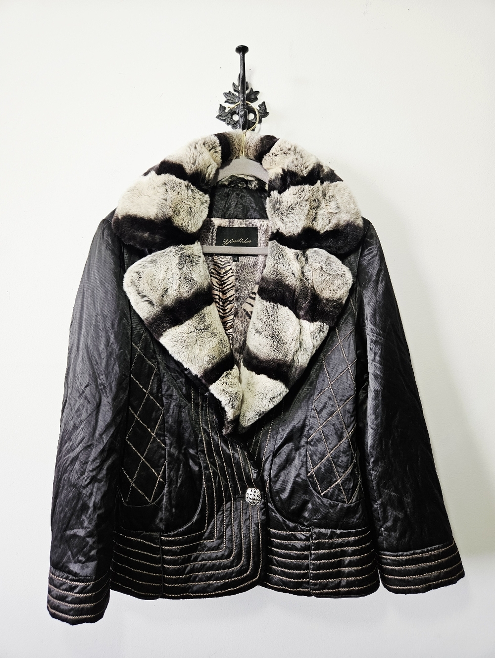 Rabbit Fur Collar Jacket Size L Black Real Fur Trim